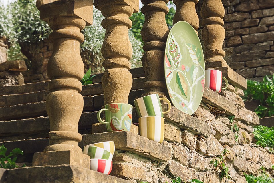 Habitat x National Trust collaboration floral prints plates and mugs in green.