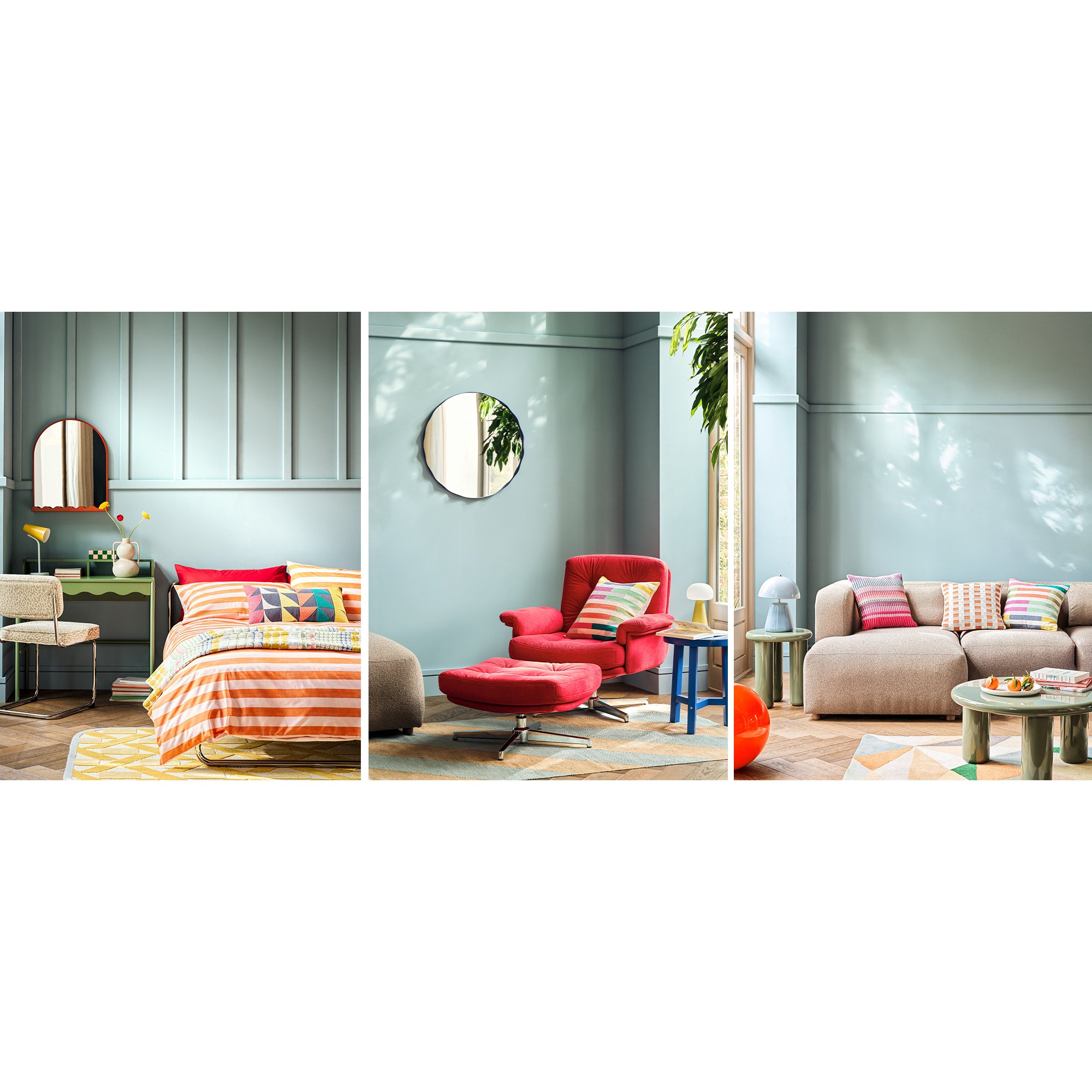 Banner with mutliple images showing a bedroom with brieght and bold bedding and cushions and a living rooom with a neutral sofa and red velvet accent chair with blue wooden sidetable and colourful patterened cushions and lmaps.