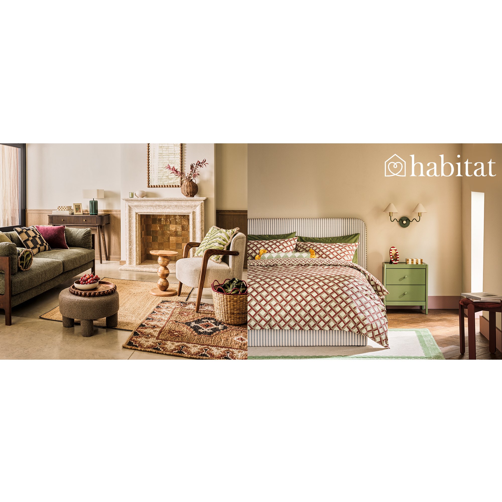 Banner with an image of a living room and bedroom in neutrual tones with green and berry tones creating a clam atmosphere.