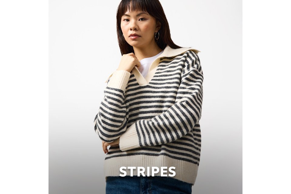 Person wearing a striped knit sweater with a contrasting collar.