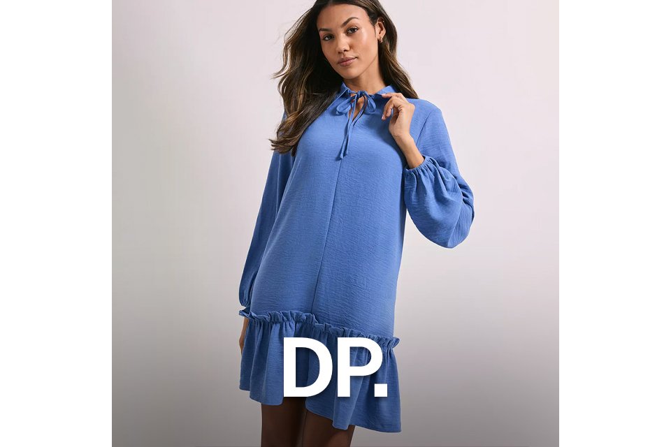 Blue long‑sleeve ruffle hem mini dress with tie‑neck detail. 
