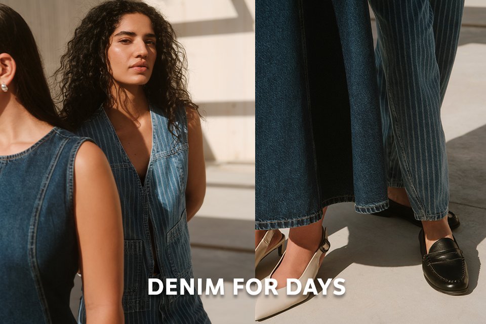 Two people wearing denimco-ords styled for the enim collection by Tu clothing.