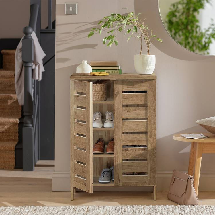 Argos Home Slatted 2 Door Shoe Storage Cabinet - Oak 0