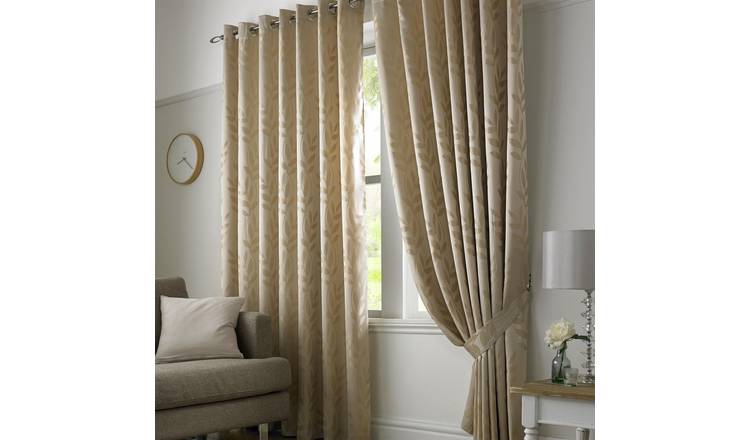 Luxury Living Jacquard Leaf Lined Eyelet Curtains 168cm x 229cm - Latte