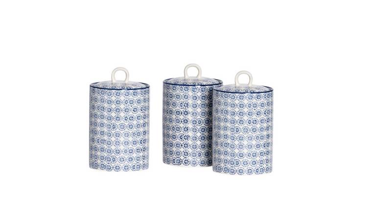 Nicola Spring Hand-Printed Kitchen Canisters - Navy - Pack of 3