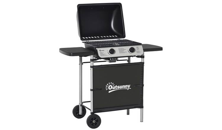 Outsunny 2 Burner Gas BBQ Grill with Wheels Side Shelves - Black