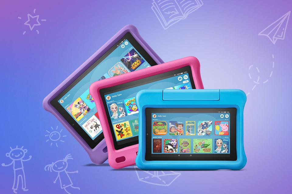3 different coloured kids Amazon tablets.