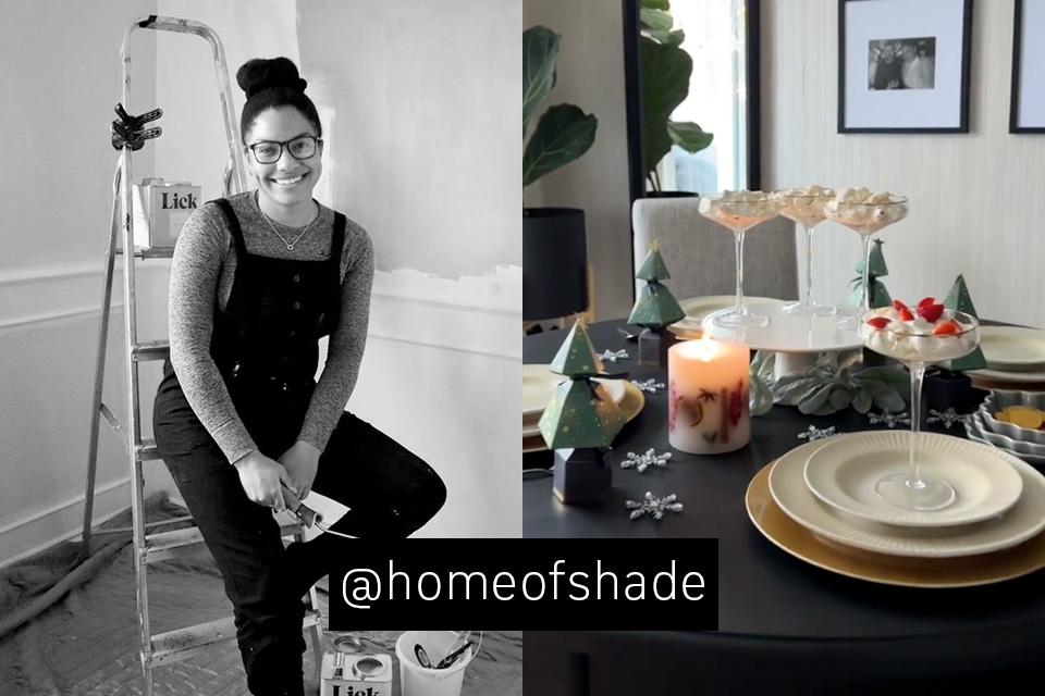 A split image of Instagram influencer Shade on the left and on right, a table setting with a frosted candle, cake stand and dinnerware in neutral colours.