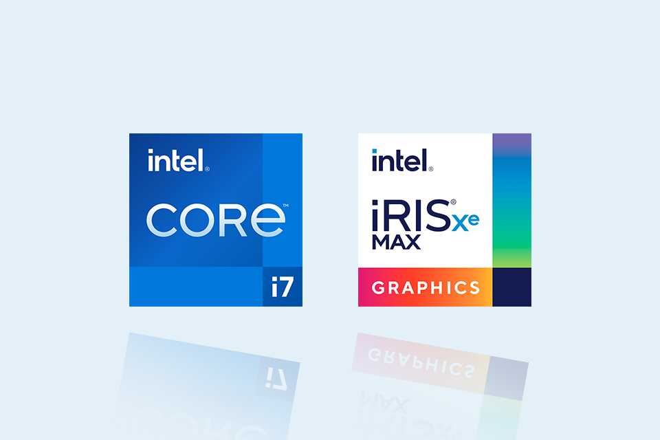 Icons of 11th Gen Intel Core i7 processors and Iris Xe MAX grahics card.