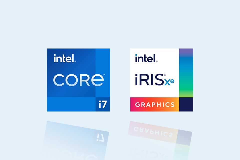 Icons of 11th Gen Intel Core i7 processors and Intel Iris Xe graphics card.