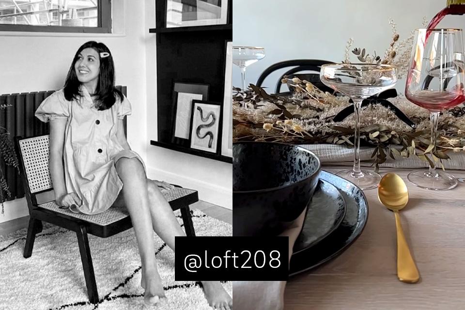 A split image of Instagram influencer Lisa on one side and on the other a table setting with a gold stainless steel spoon, black stoneware and champagne glasses.