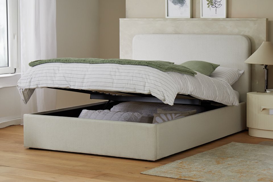 Habitat Chadwell ottoman bed in natural finish with bedding stored inside. 