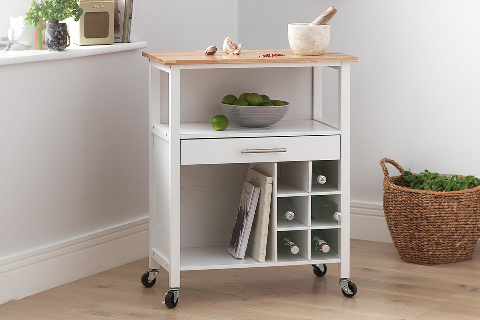 Argos Home Wooden Kitchen Trolley with wine rack in white. 