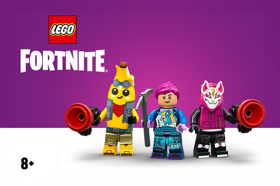 LEGO® Fortnite minifigures on a purple and white background.