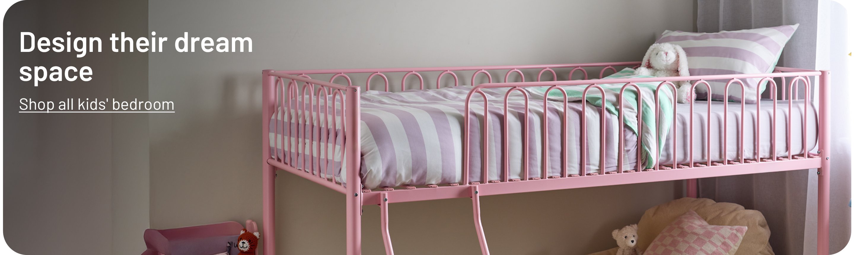 An image collage of a pink kids bed and blue kids storage unit.