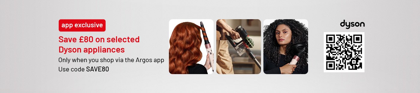 Save £80 on selected Dyson appliances. Only when you shop via the Argos app. Use codes SAVE80.