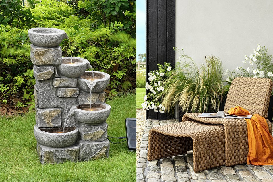 A split image of a garden water feature and a rattan effect sun lounger.