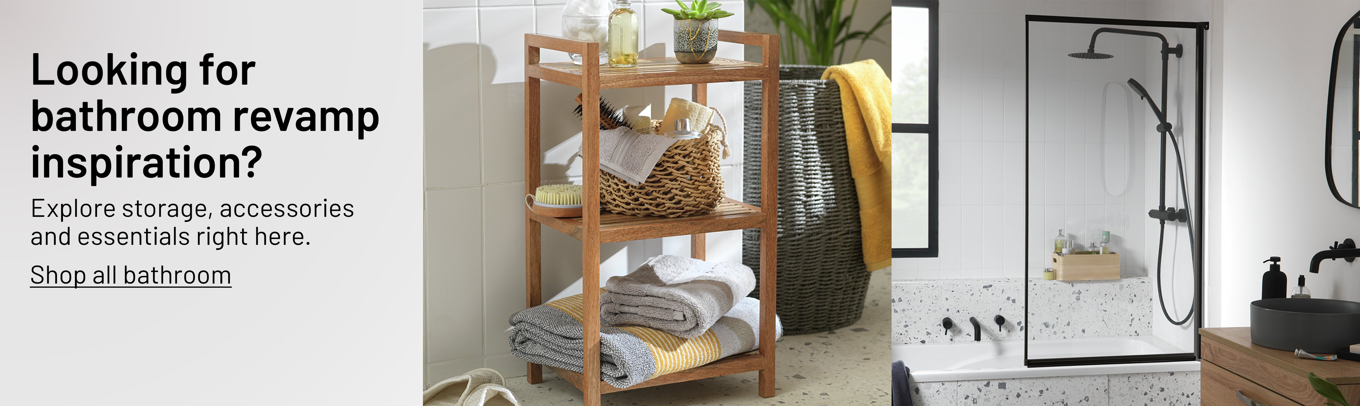 A collage featuring Habitat Mango Wood Bathroom Storage Shelf Unit - Natural and Argos Home 1375x755mm Fully Framed Shower Screen Black.