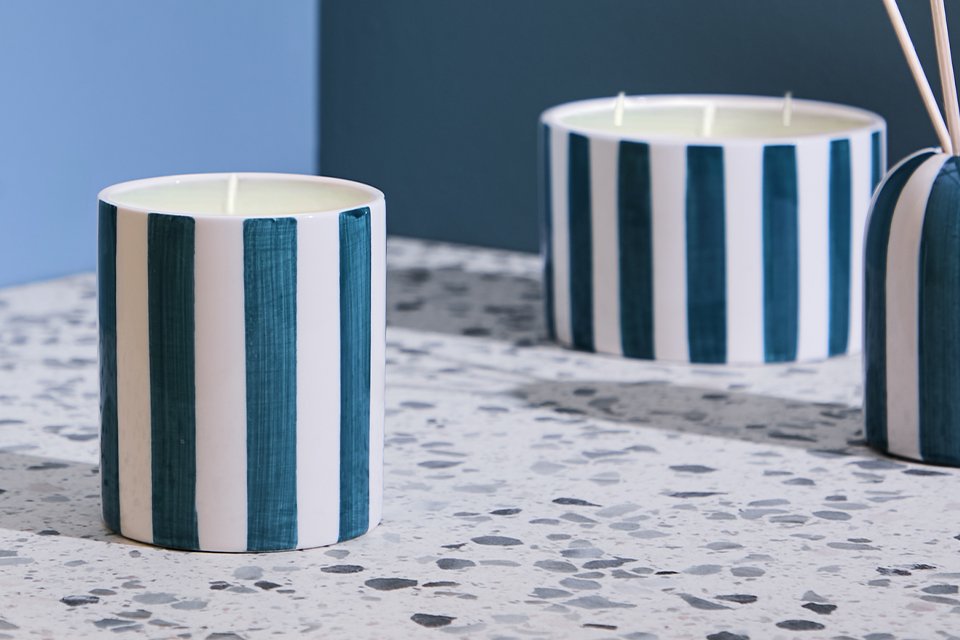 Blue Stripe Rock Salt & Cedar Ceramic Small Candle.