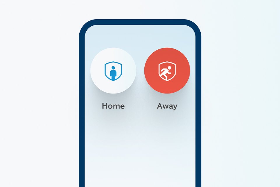 Two dials showing Home and Away alert on a phone screen.