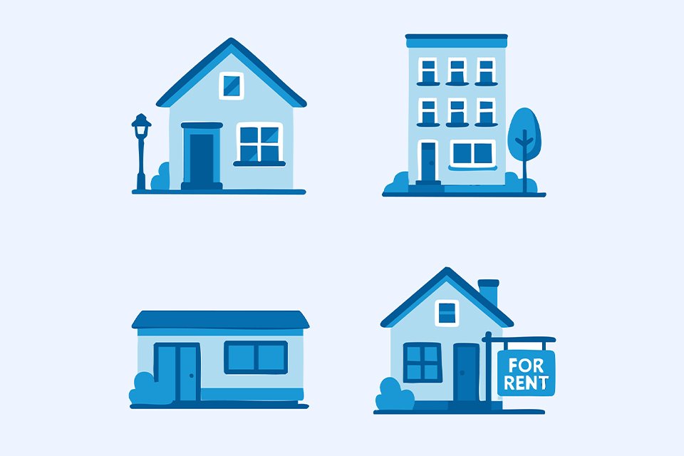 Four blue icons of different type of house son a light blue background.
