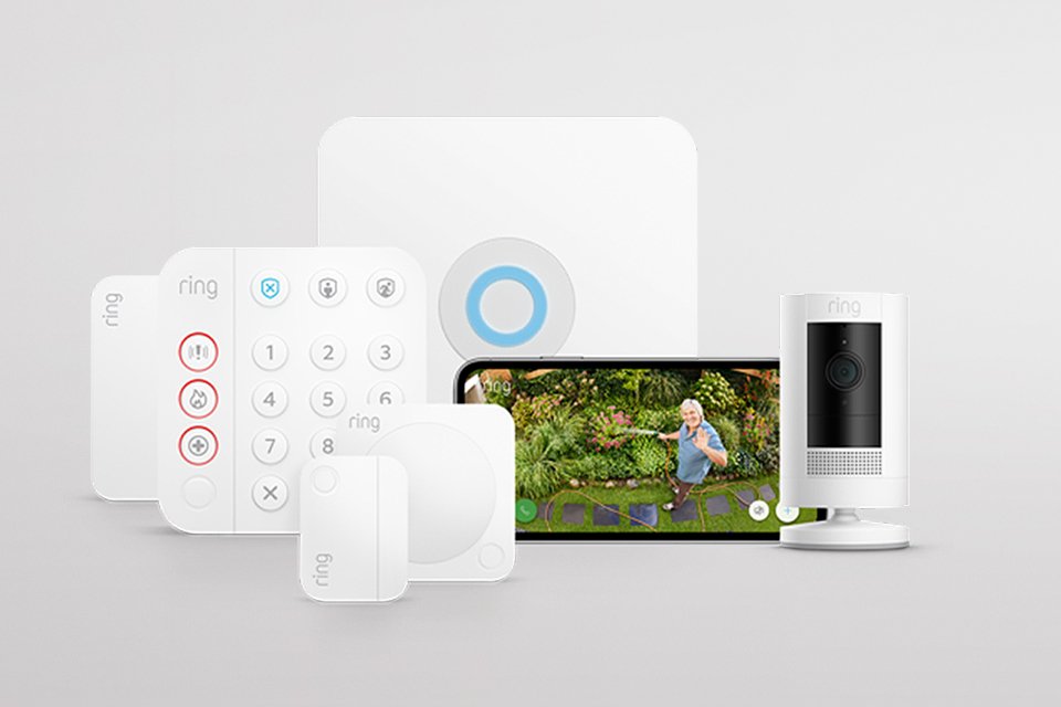 An assortment of white Ring security products on a white background.