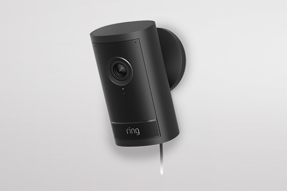 A black Ring security camera on a white background.