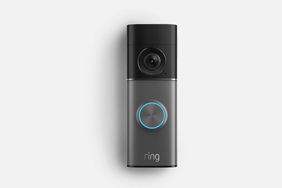 A grey Ring video doorbell on a white background.