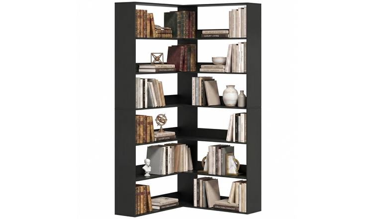 HOMCOM 7 Tiers Corner Storage Bookcase - Black Wood