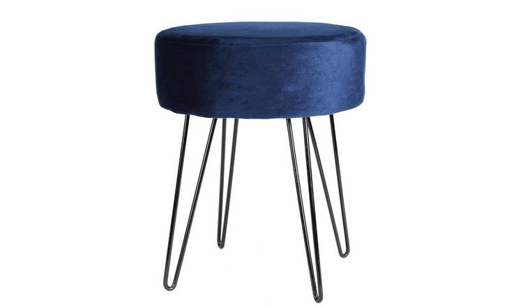 Harbour Housewares Round Velvet Footstool with Black Legs - Blue