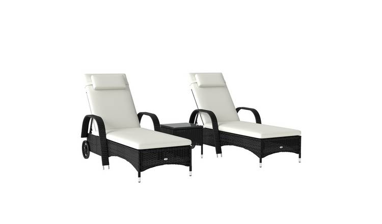 Outsunny Rattan Adjustable Cushioned Sun Lounger Set - Black
