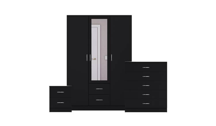 Vida Designs Riano Bedroom Set (Bedside, 5 Drawer Chest, Mirror Wardrobe)- Black