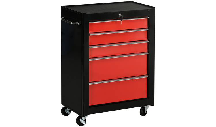 HOMCOM Lockable 5 Drawer Steel Tool Cabinet with Wheels and 2 Keys - Red