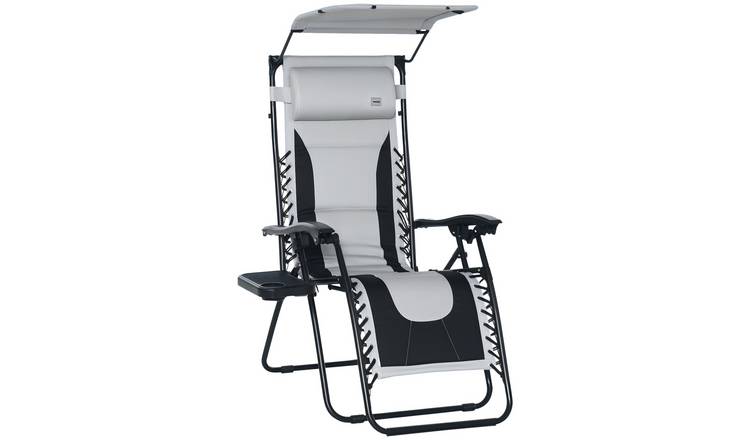 Outsunny Foldable Reclining Patio Chair with Shade Cover - Grey