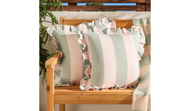 OHS 2 Pack Frill Stripe Garden Cushion Covers - Sage/Cream