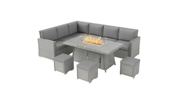 Outsunny 9 Seater Rattan Garden Furniture with Fire Pit Table - Grey