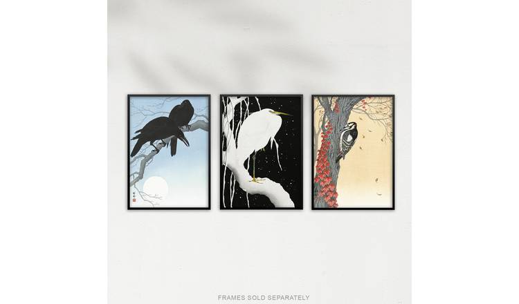 Ohara Koson Birds Japanese Nature Beige Blue Set Of 3 Wall Art Poster Pack - A4