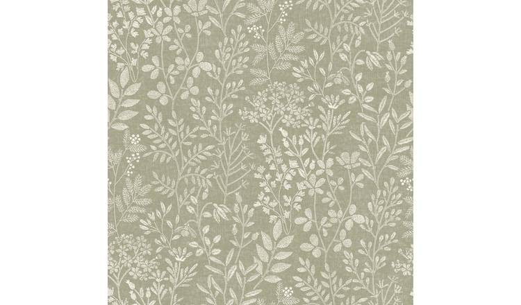 Grandeco Embroidery Stitched Organic Foliage Trail Wallpaper - Green