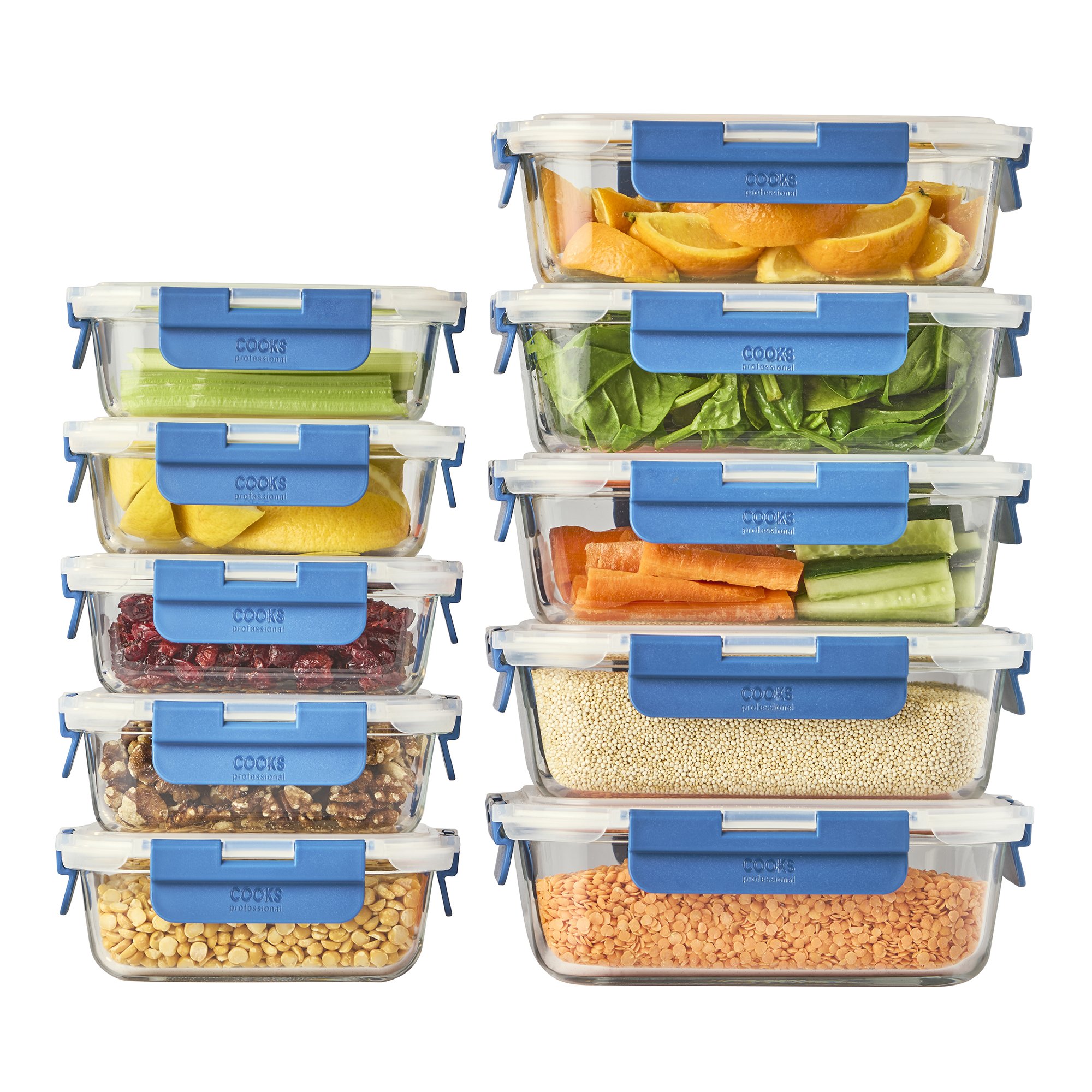 Cooks Professional Set of 10 Oven Safe Glass Food Storage Jars with Plastic Lids - Image 1