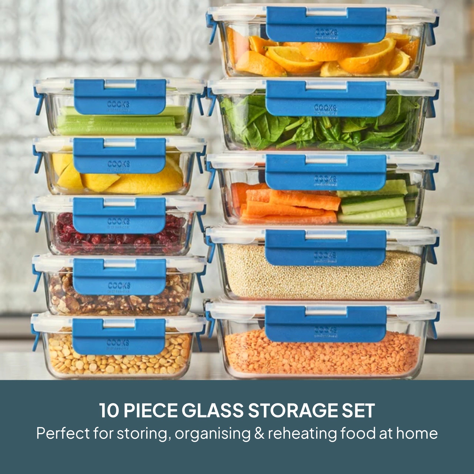 Cooks Professional Set of 10 Oven Safe Glass Food Storage Jars with Plastic Lids - Image 2