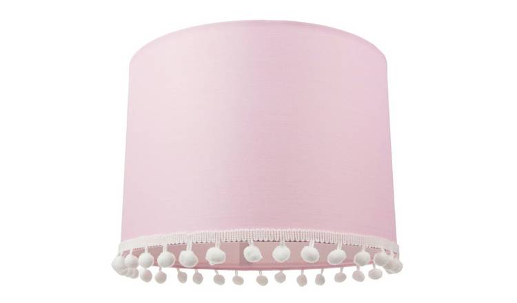 Happy Homewares Pink Cotton with Small White Woolly Pom Poms Lampshade - 25cm