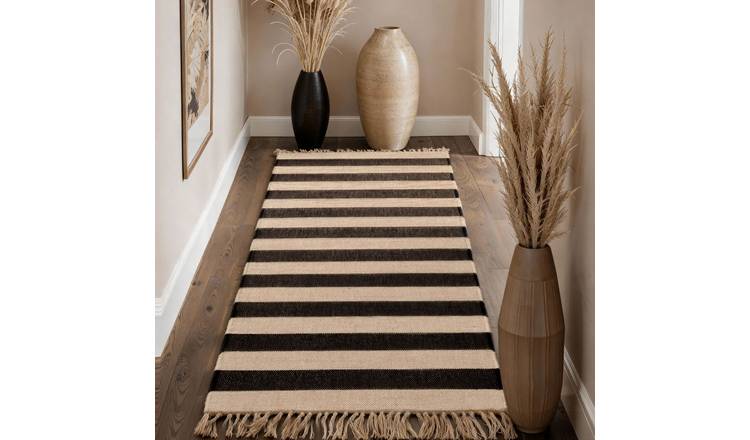 Hanse Home Black and White Handloom Playa  Striped Runner Rug - 80 x 200cm