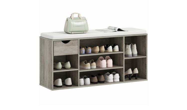 HOMCOM 7 Compartments Drawer Shoe Bench with Seat Cushion - Grey