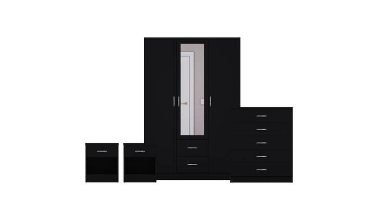 Vida Designs Riano Bedroom Set (Bedsides, 5 Drawer Chest, Mirror Wardrobe)-Black