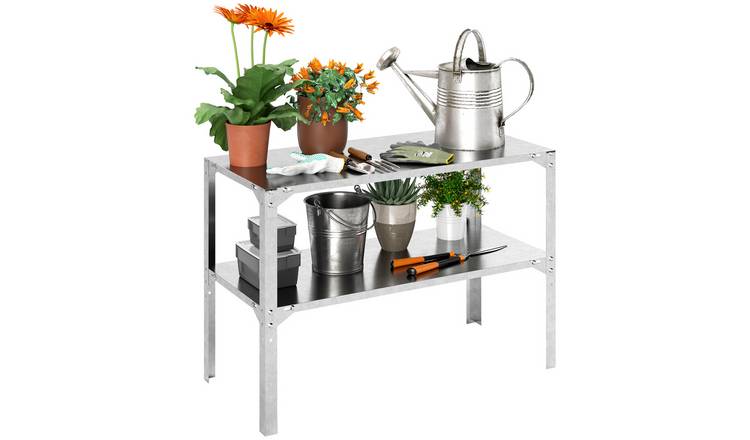 Outsunny 2 Tier Galvanised Steel Bench Table with Storage Shelf - Silver
