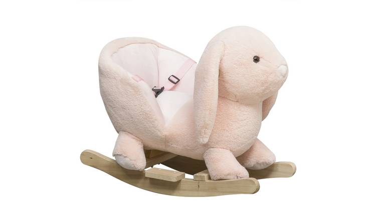 HOMCOM Plush Rabbit Sound Wood Base Seatbelt Baby Rocking Horse - Pink