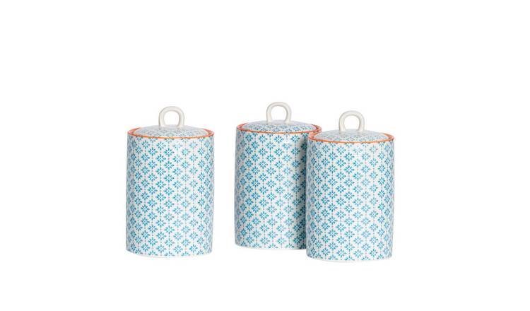 Nicola Spring Hand-Printed Kitchen Canisters - Blue - Pack of 3