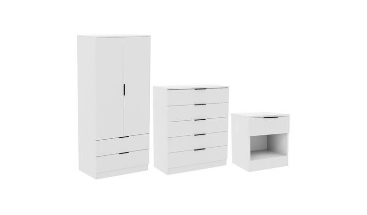 Vida Designs Trega Bedroom Set (Bedside, 5 Drawer Chest, 2x2 Wardrobe) - White