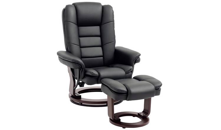 HOMCOM PU Leather Swivel Recliner Armchair with Swivel Wood Base - Black