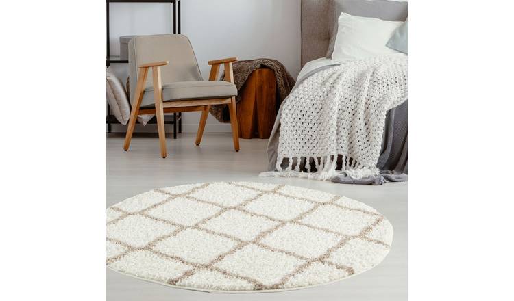 The Rugs  Cream and Beige Moroccan Shaggy Lattice Round Rug - 120cm